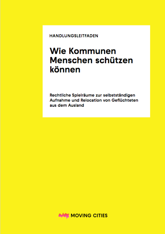 Cover des Leitfadens "Wie Kommunen Menschen schützen können" Titel in weißem Kasten auf gelben Hintergrund .