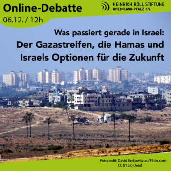 Das Bild zeigt den Bklick auf den Gazastreifen mit der Aufschrift "Was passiert gerade in Israel: Der Gazastreifen, die Hamas und Israels Optionen für die Zukunft"